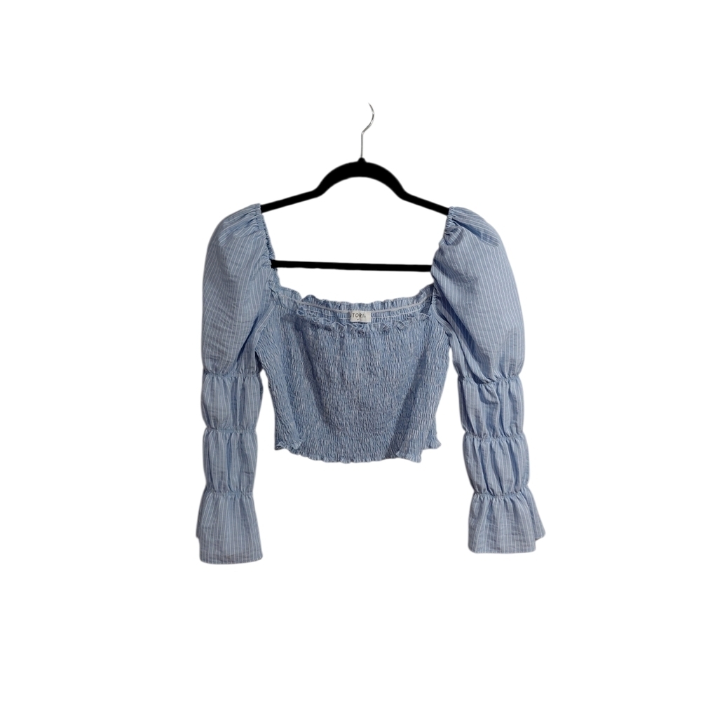 Storia Light Blue Striped Smocked Puff-Sleeve Crop Top